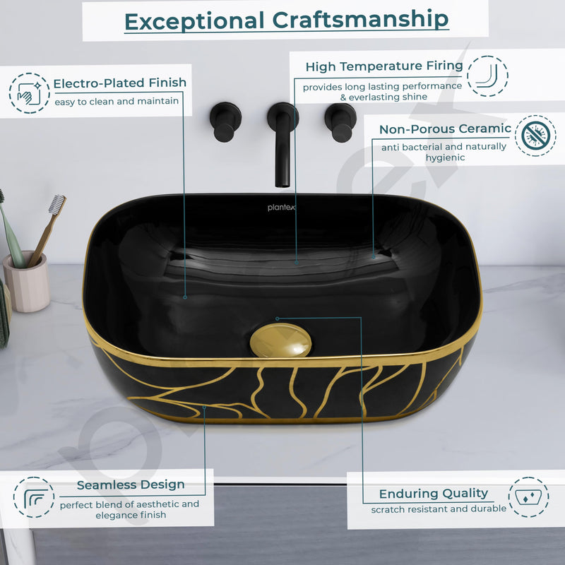 Plantex Ceramic Designer Washbasin for Bathroom/Countertop Basin/Rectangle Tabletop Wash Basin for Home/Office - (16010, Black & Gold)-4