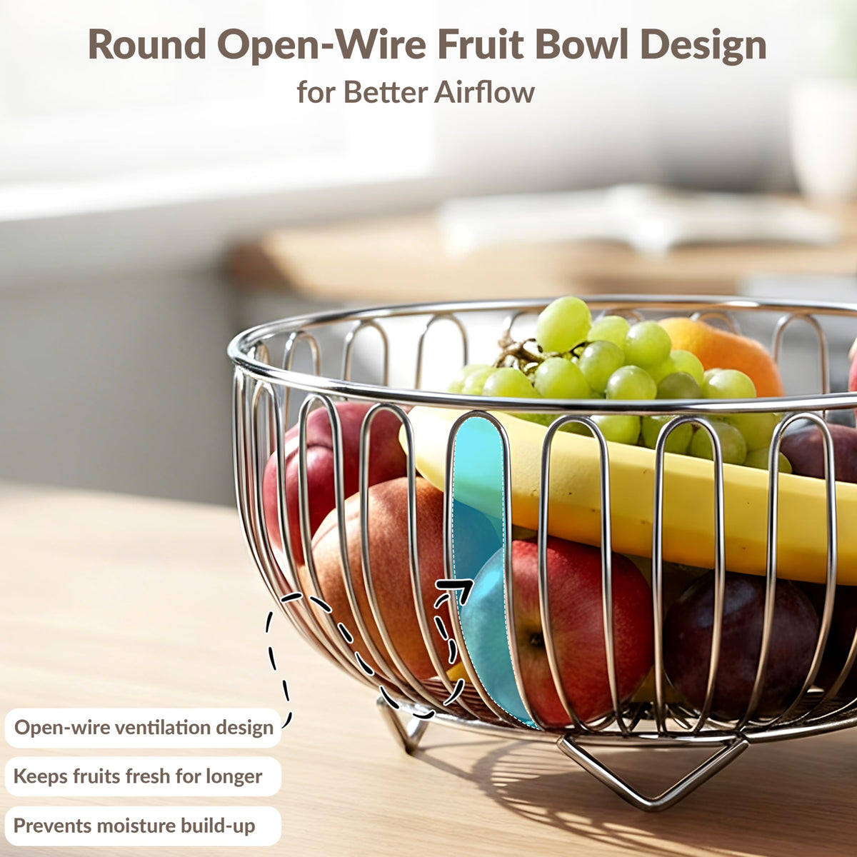 Plantex Stainless Steel Fruit Basket for Dining Table/Onion Potato Rack for Kitchen/Wired Fruit Bowl for Countertop Storage Chrome Finish-4