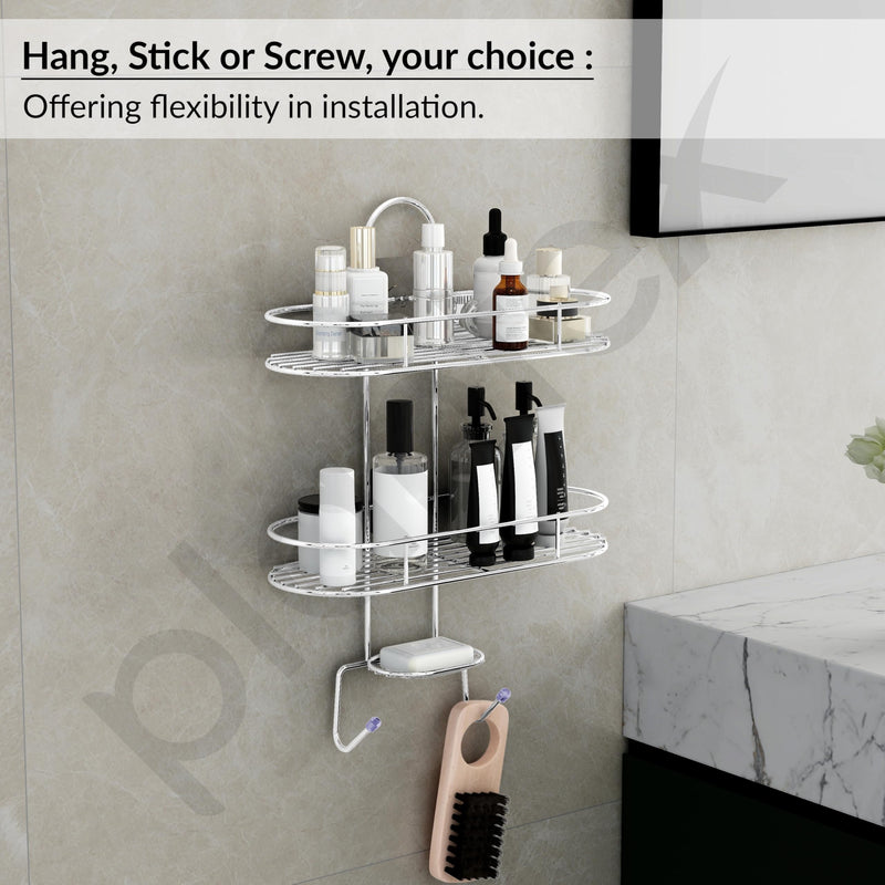 Plantex Self Adhesive Bathroom Stainless Steel Shelf/5in1 Multipurpose Shower Caddy/Storage Shelf/Soap Holder/Stand/Bathroom Accessories(Oval-Chrome Silver)-5
