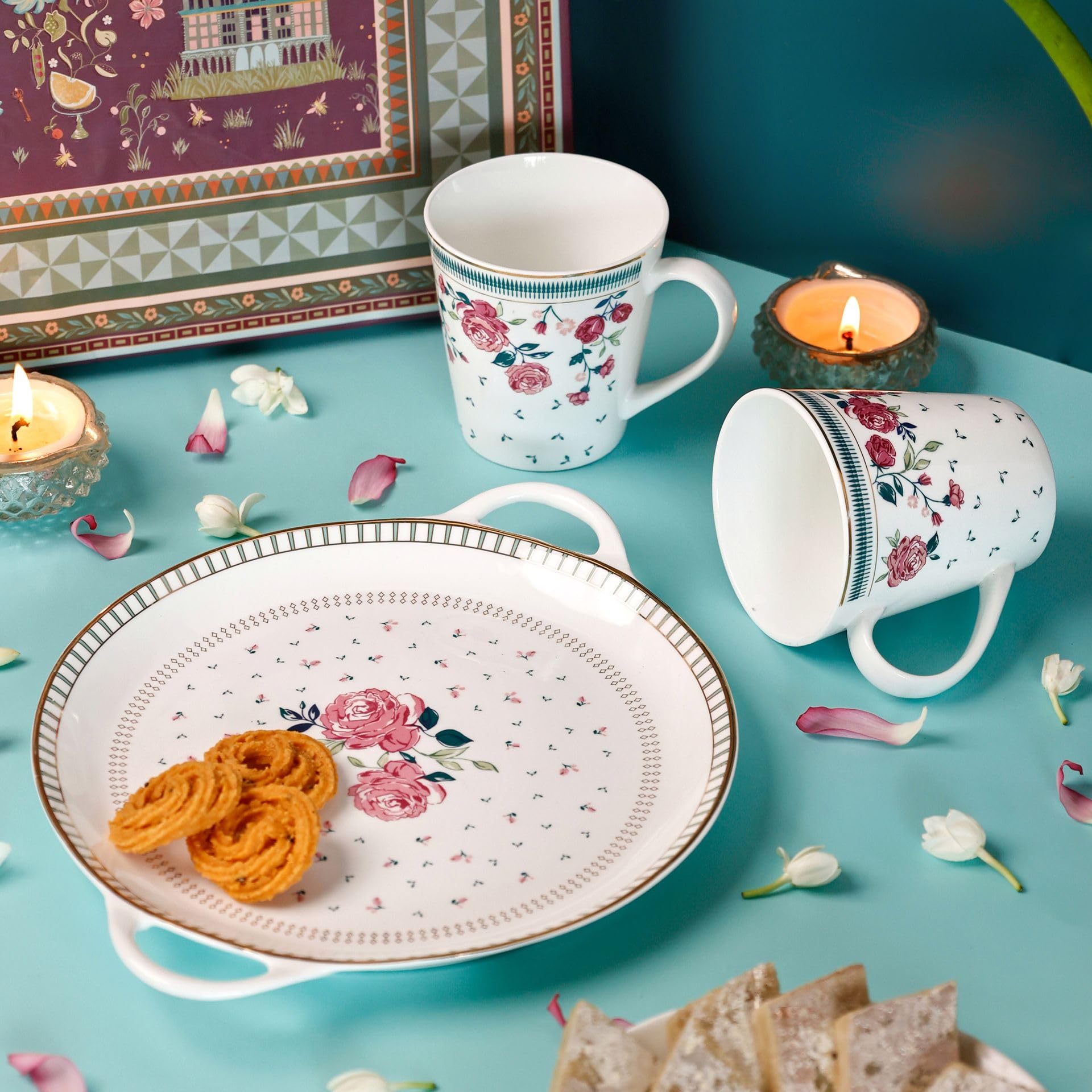 Magique by The Wishing Chair x ClayCraft : Portrait of a Rose - Glow Giftbox | Set of 2 Bowls & Platter | Dishwasher Safe | Festive Gifting | GiftBox Packaging