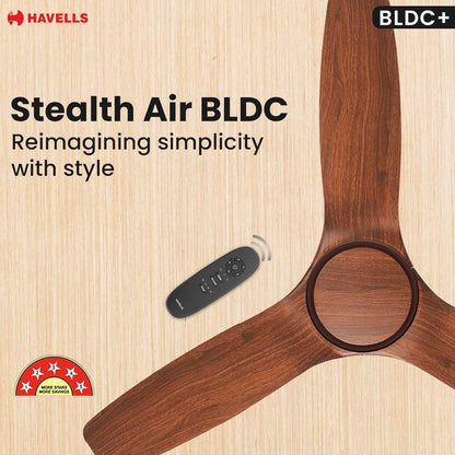 Havells Stealth Air BLDC Wood 1200mm Premium Ceiling Fan with 100% Pure Copper|5 Star Rating|Remote Controlled |Watt: 40|Air Flow: 245 cmm|Speed: 280 RPM|Free Installation |2 Year Warranty (Walnut)