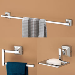 Plantex 304 Grade Stainless Steel Bathroom Accessories Set of 3 - Towel Hanger/Napking Holder/Soap Holder for Bathroom - Squaro (Chrome)-1