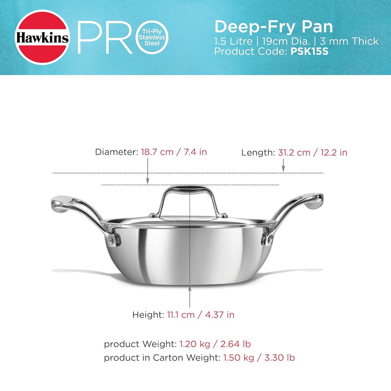 Hawkins Pro 1.5 Litre Deep-Fry Pan, Triply Stainless Steel Kadhai with Steel Handles and Steel Lid, Small Kadhai, Silver (PSK15S)