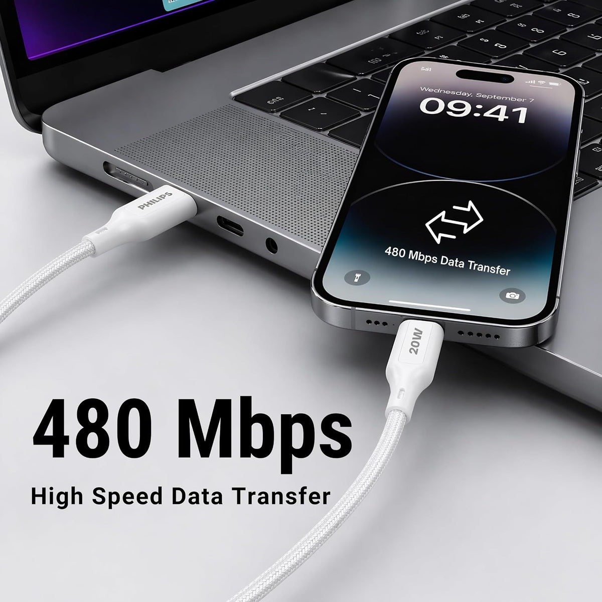 Philips DLC4150VW/94 20W iPhone Original Type-A to Lightning Fast Charging Cable (1.5m, Bright White)
