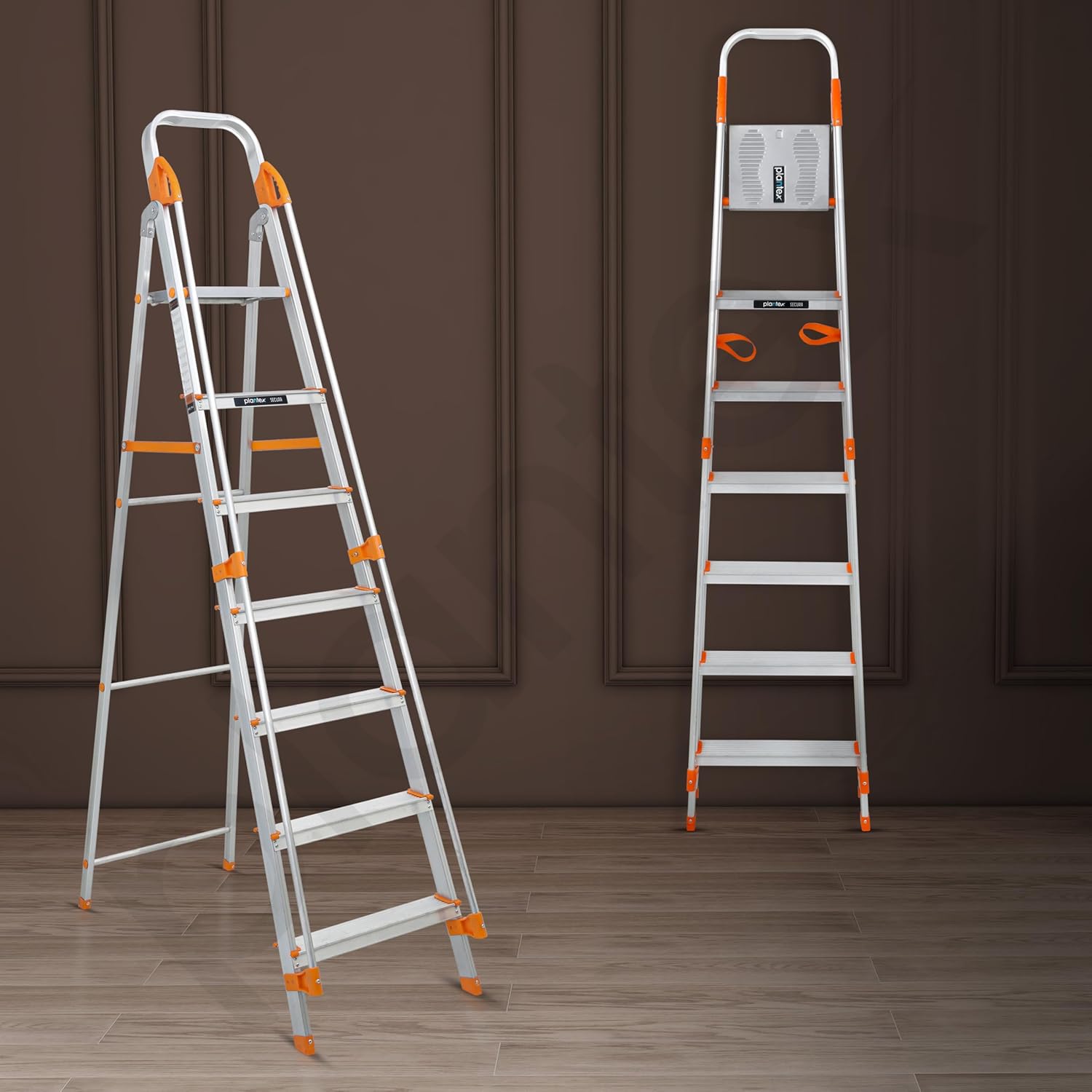 Plantex Secura 7 Step Aluminium Ladder for Home/Foldable Ladder with Safe Hand Rails/5 Year Manufacturer Warranty(Orange-Chrome)