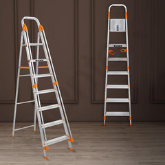 Plantex Secura 7 Step Aluminium Ladder for Home/Foldable Ladder with Safe Hand Rails/5 Year Manufacturer Warranty(Orange-Chrome)