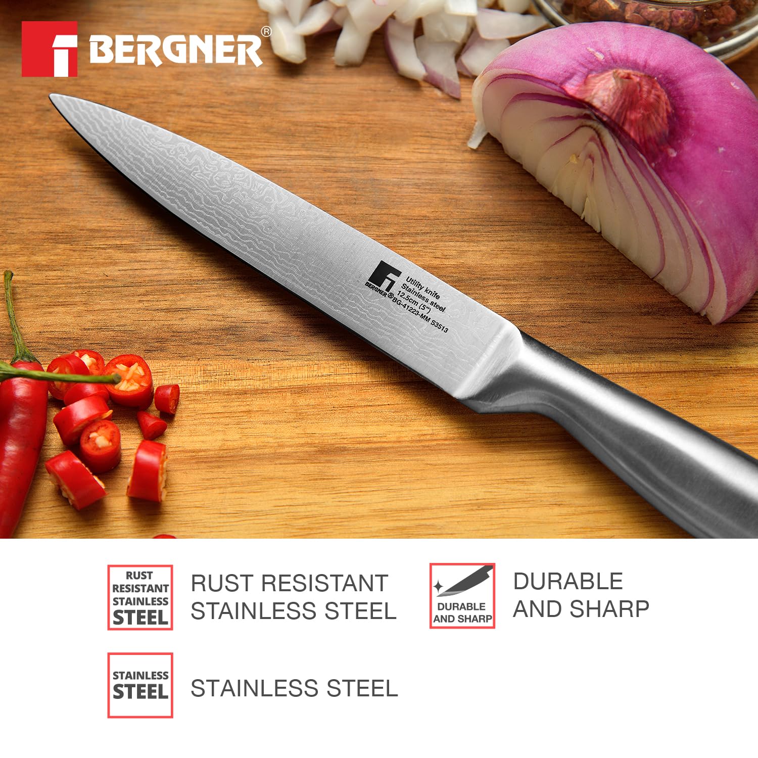 BERGNER Argent Stainless Steel 12.5cm (5") Utility Knife with Stainless Steel Hollow Handle, Damascus Design, Knife for Kitchen Ideal for Cutting, Chopping, Slicing etc, Easy to Clean