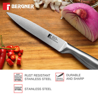 BERGNER Argent Stainless Steel 12.5cm (5") Utility Knife with Stainless Steel Hollow Handle, Damascus Design, Knife for Kitchen Ideal for Cutting, Chopping, Slicing etc, Easy to Clean