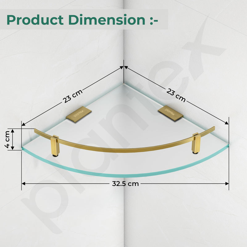 Plantex Frosted Glass Corner Shelf for Bathroom/Kitchen Glass Shelf with Brass Railings and Brackets/Bathroom Corner Shelf (Brass Antique- 9x9 Inches - Pack of 1)-2