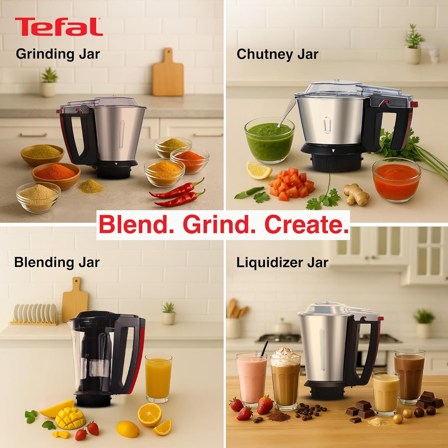 Tefal Puregrind Mixer Grinder, 800W Heavy-Duty Copper Motor, Advanced Lid Jar Interlocking Leakproof Jars | Hands Free Operation | Europe’s No.1 Brand | 3-Year Product Coverage | 5 Year Motor Coverage