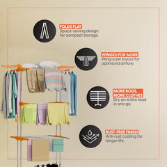 HOUZA Stainless Steel Clothes Drying Stand | 3 Layer Foldable Cloth Dryer Stand with Wheels | 6 Foldable Wings - Orange