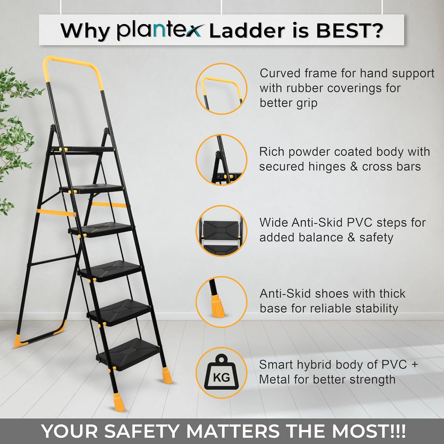 Plantex Premium Steel 6 Step Foldable Ladder for Home use/Heavy Duty Ladder for Home with Anti Slip Steps and PVC Shoes/Portable ladders with Knee Guard Protection (Yellow & Black)