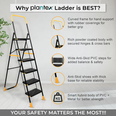 Plantex Premium Steel 6 Step Foldable Ladder for Home use/Heavy Duty Ladder for Home with Anti Slip Steps and PVC Shoes/Portable ladders with Knee Guard Protection (Yellow & Black)