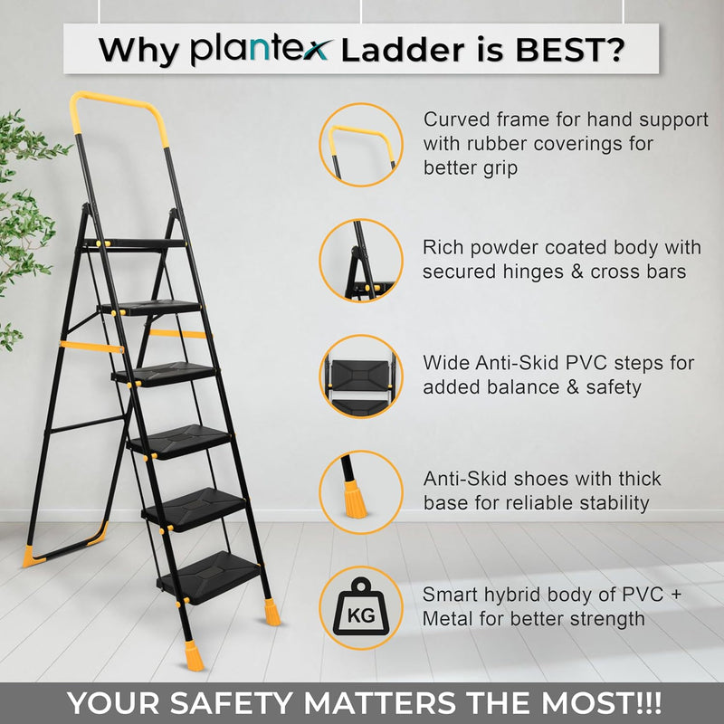 Plantex Premium Steel 6 Step Foldable Ladder for Home use/Heavy Duty Ladder for Home with Anti Slip Steps and PVC Shoes/Portable ladders with Knee Guard Protection (Yellow & Black)