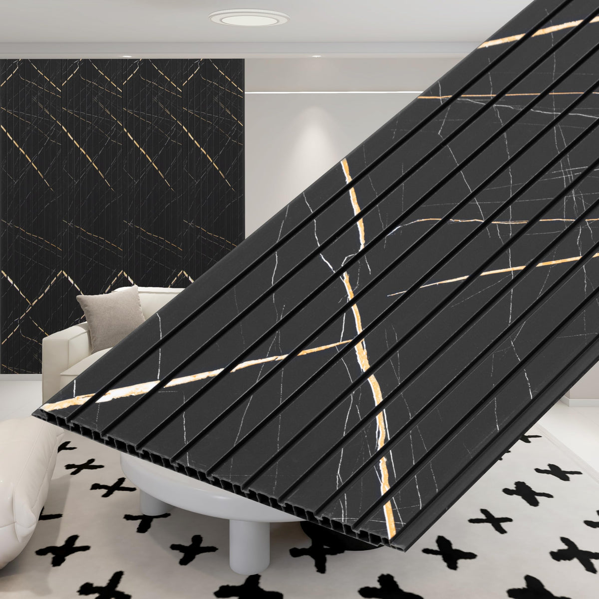 Plantex Louvers Panel for Wall/PVC Wall Panel/3d Panel for Interior Decor/Eco-Friendly Fluted Panel for Walls/- Pack of 7, Covers - 70 Sq. Ft (Black Gold Marble-12 Inch x 10 Ft)