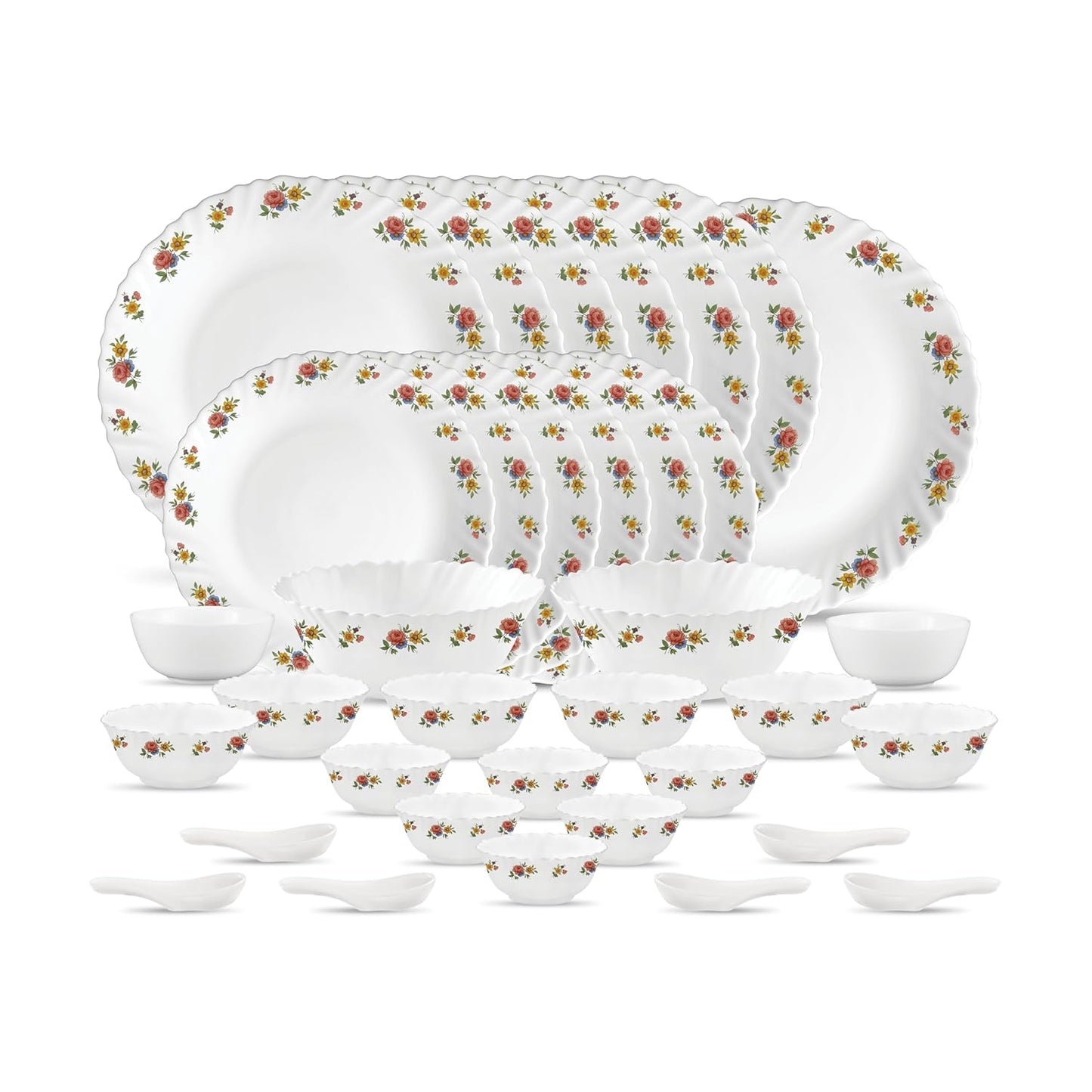 La Opala Novo Collection Opal Glass Crockery | for Family of 6 | Dinner Set 35 pcs Petite Roses | Plates & Bowls for Dining | Microwave Safe | 100% Vegetarian | Extra Strong | Light & White