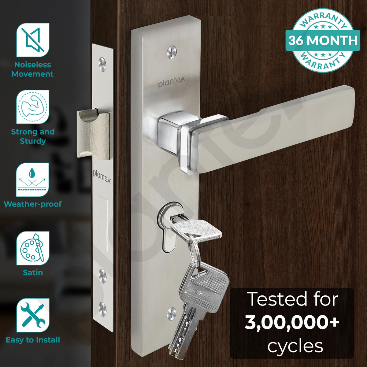 Plantex Heavy-Duty Door Lock Set - Main Door Lock Handle Set/Mortise Lock with 3 Keys, Brass Lock Body & Cylinder (8116 - Steel Satin & Chrome)-2