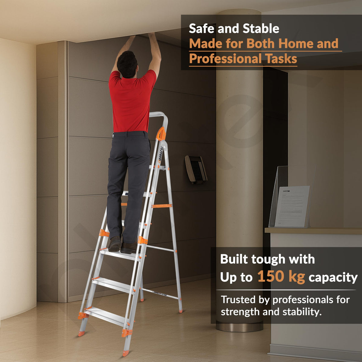Plantex Secura 6 Step Aluminium Ladder for Home/Foldable Ladder with Safe Hand Rails/5 Year Manufacturer Warranty(Orange-Silver)-6