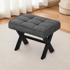 Solid Sheesham Foot Stool, 12" H Small Foot Stools Ottoman, Durable Linen Footstool X-Leg, Padded Foot Rest Ste