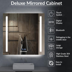 Plantex 304 Stainless Steel Bathroom Organizer with Defogger,Bluetooth & Digital Display/Bathroom Cabinet Storage/Triple Door LED Mirror Cabinet for Wall(32x32 Inch, Chrome)-2