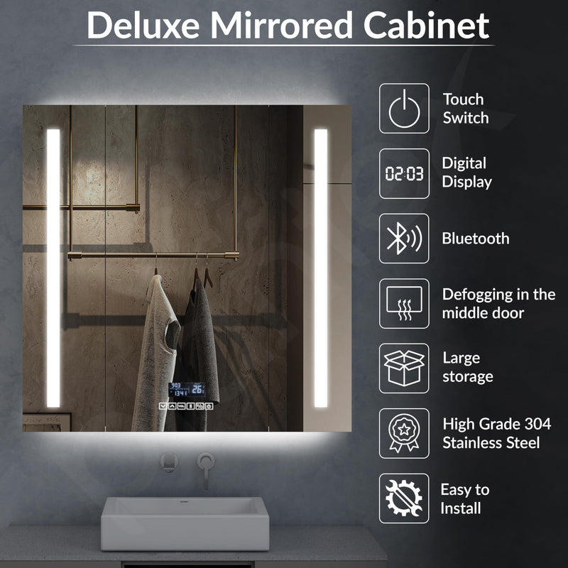 Plantex 304 Stainless Steel Bathroom Organizer with Defogger,Bluetooth & Digital Display/Bathroom Cabinet Storage/Triple Door LED Mirror Cabinet for Wall(32x32 Inch, Chrome)-2