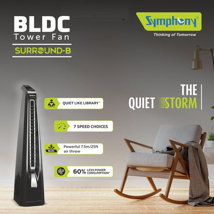 Symphony Surround B Personal Tower Fan | Silent Tower Fan for Home | BLDC Turbo Throw | Touchscreen Control Panel | Remote Control | Low Power Consumption | Black