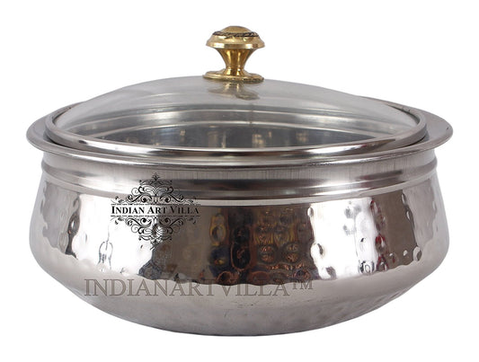 Pure Steel Hammered Design Handi with Glass Lid|1000 ML