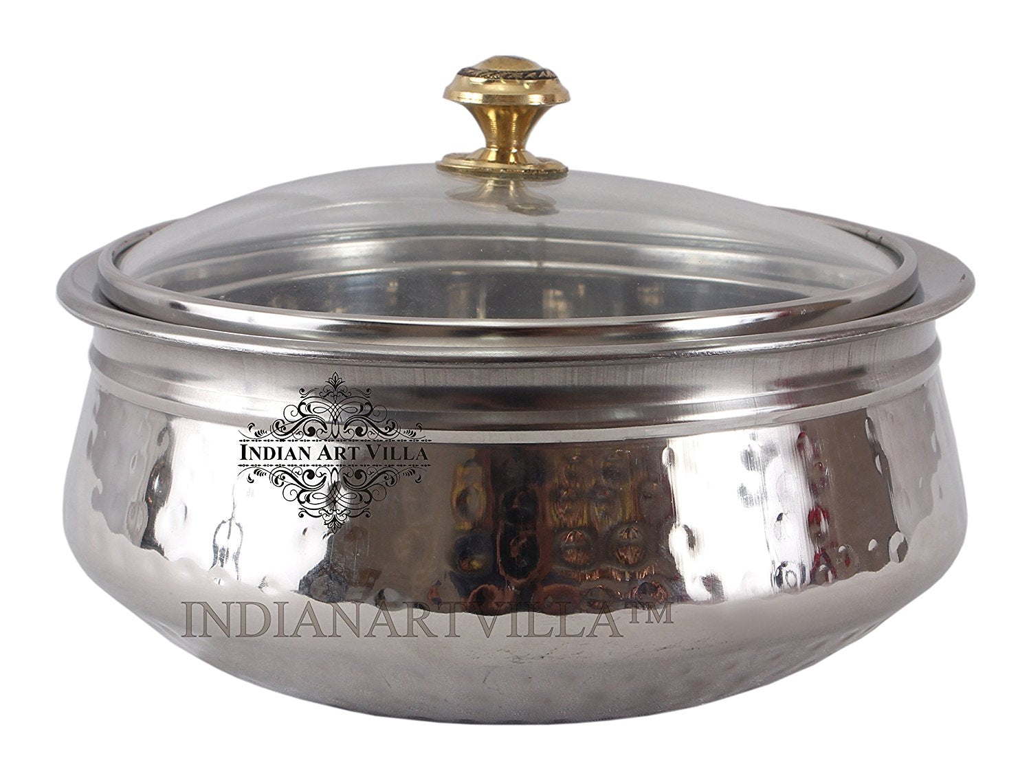 Pure Steel D/W Hammered Design Handi Bowl with Glass Lid