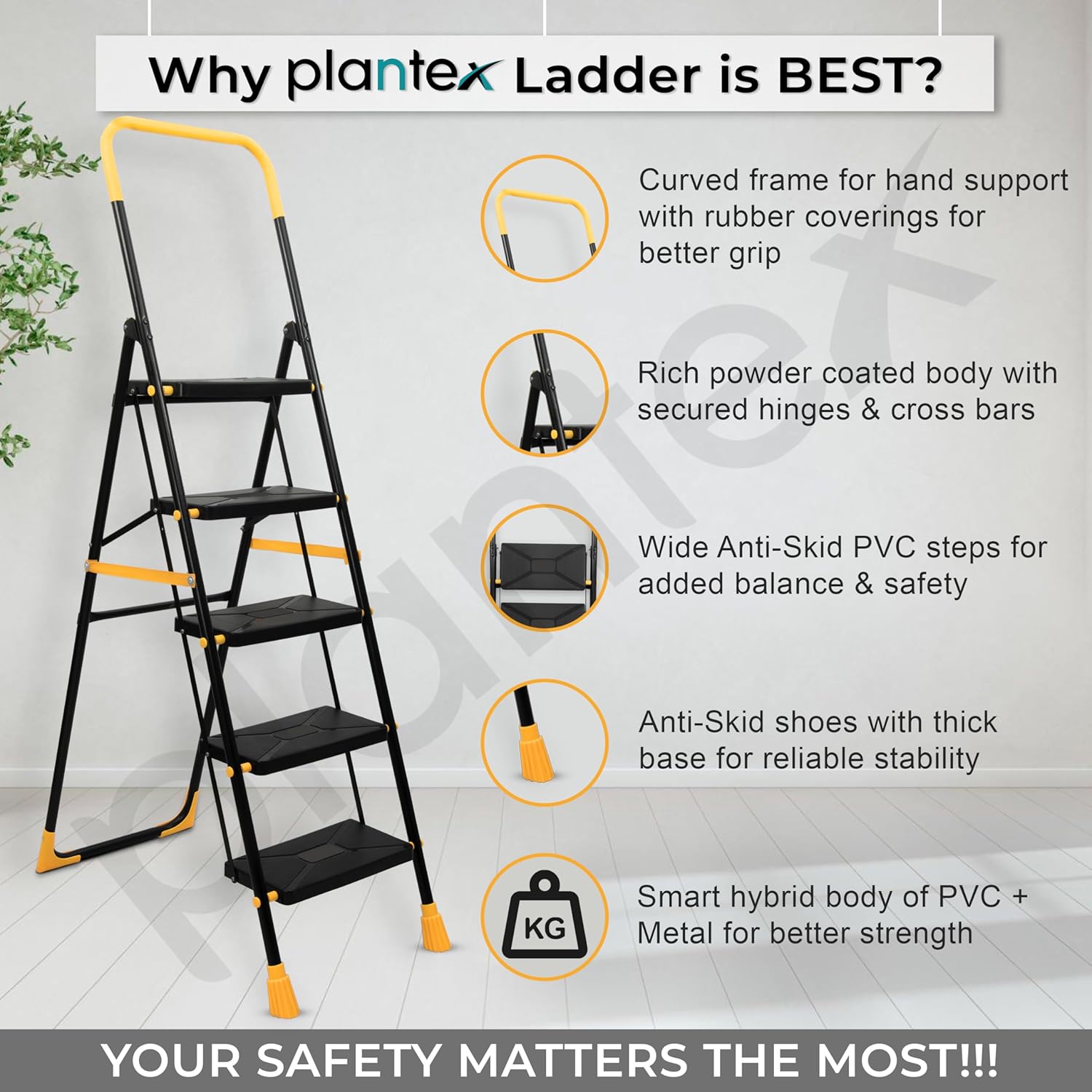 Plantex Premium Steel 5 Step Foldable Ladder for Home use/Folding Step Ladder with Anti Slip Steps and PVC Shoes/Portable ladders with Knee Guard Protection (Yellow & Black)