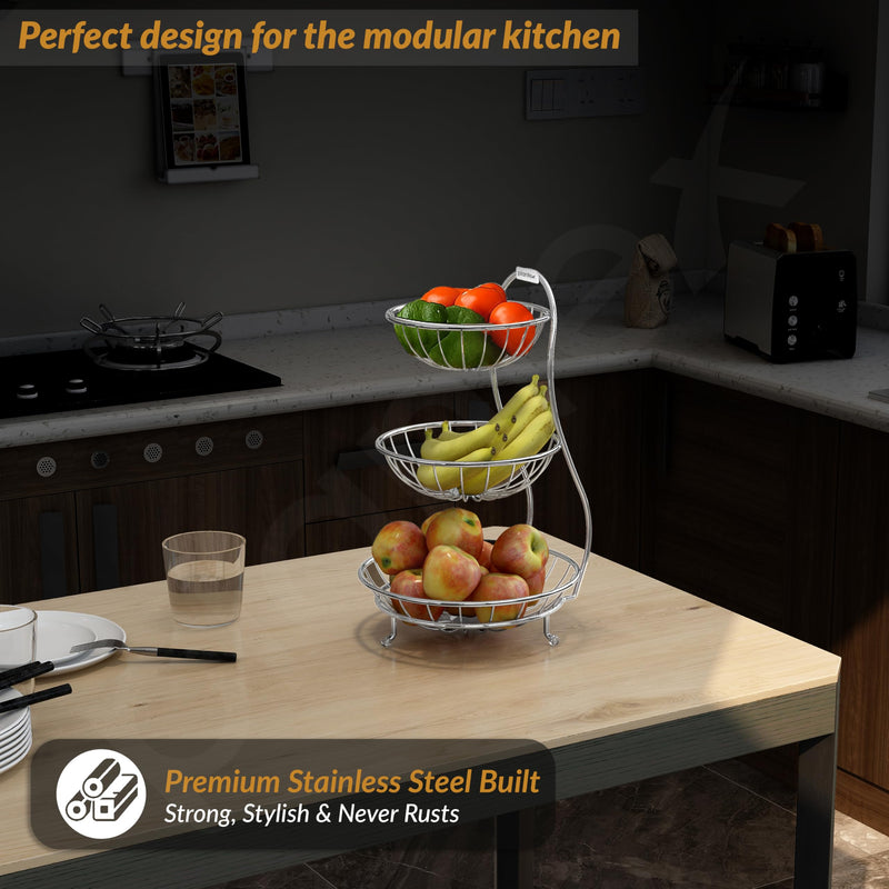Plantex Elegant High Grade Stainless Steel 3-Tier Fruit & Vegetable Basket for Dining Table/Kitchen-Big Size(Chrome), Solid-6