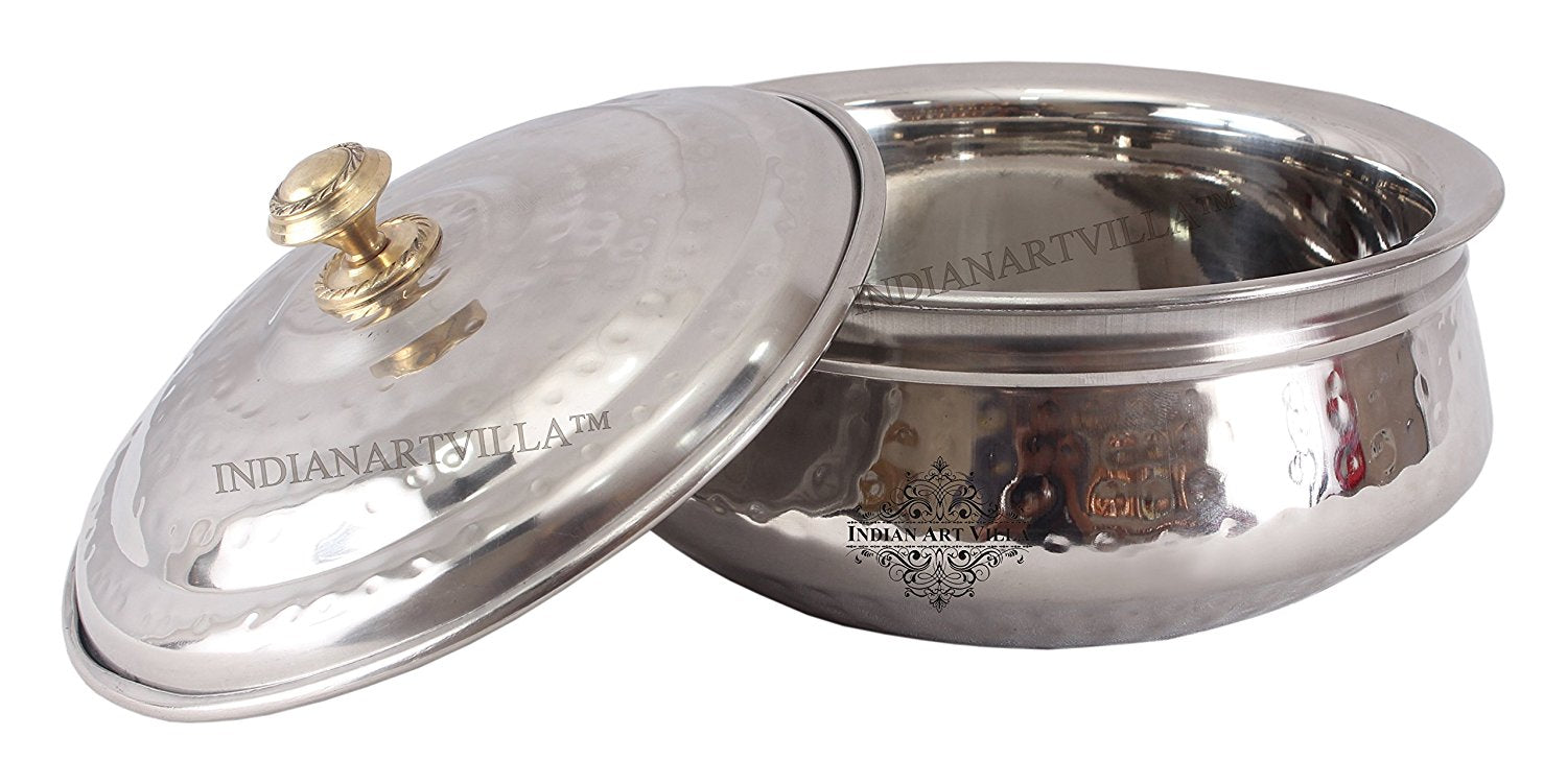 Handmade Pure Steel Hammered Design Handi Bowl or Lid with Brass Knob- 1000 ML