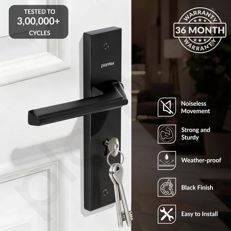 Plantex Heavy-Duty Door Lock Set - Main Door Lock Handle Set/ 6-Lever Lock Mechanism with 3 Years of Warranty/Mortise Lock with 3 Keys, Brass Lockbody (Z-Black)-2