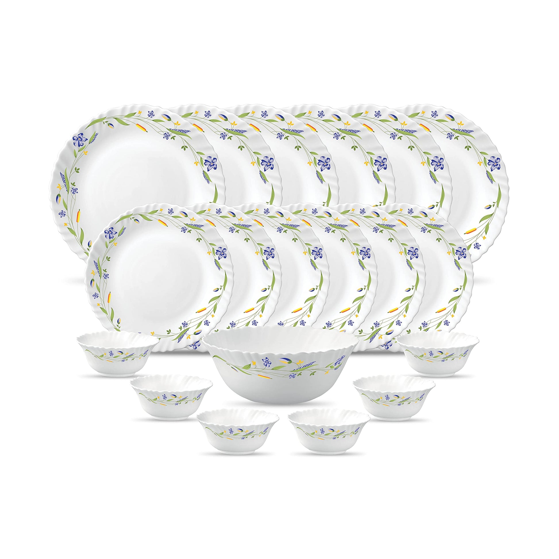 La Opala Diva Classique Collection Opal Glass Crockery | for Family of 6 | Dinner Set 19 pcs Fluted Green | Plates & Bowls for Dining | Microwave Safe | 100% Vegetarian | Extra Strong | White