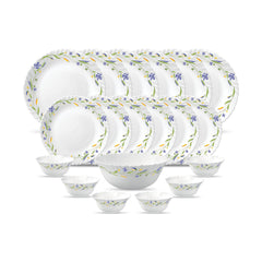La Opala Diva Classique Collection Opal Glass Crockery | for Family of 6 | Dinner Set 19 pcs Fluted Green | Plates & Bowls for Dining | Microwave Safe | 100% Vegetarian | Extra Strong | White