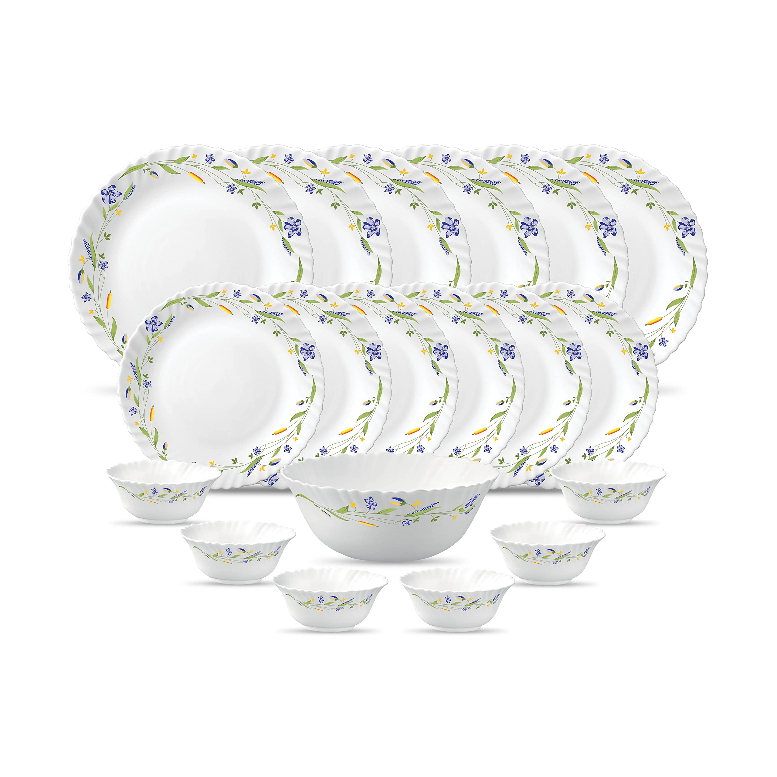 La Opala Diva Classique Collection Opal Glass Crockery | for Family of 6 | Dinner Set 19 pcs Fluted Green | Plates & Bowls for Dining | Microwave Safe | 100% Vegetarian | Extra Strong | White