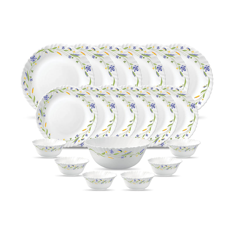 La Opala Diva Classique Collection Opal Glass Crockery | for Family of 6 | Dinner Set 19 pcs Fluted Green | Plates & Bowls for Dining | Microwave Safe | 100% Vegetarian | Extra Strong | White