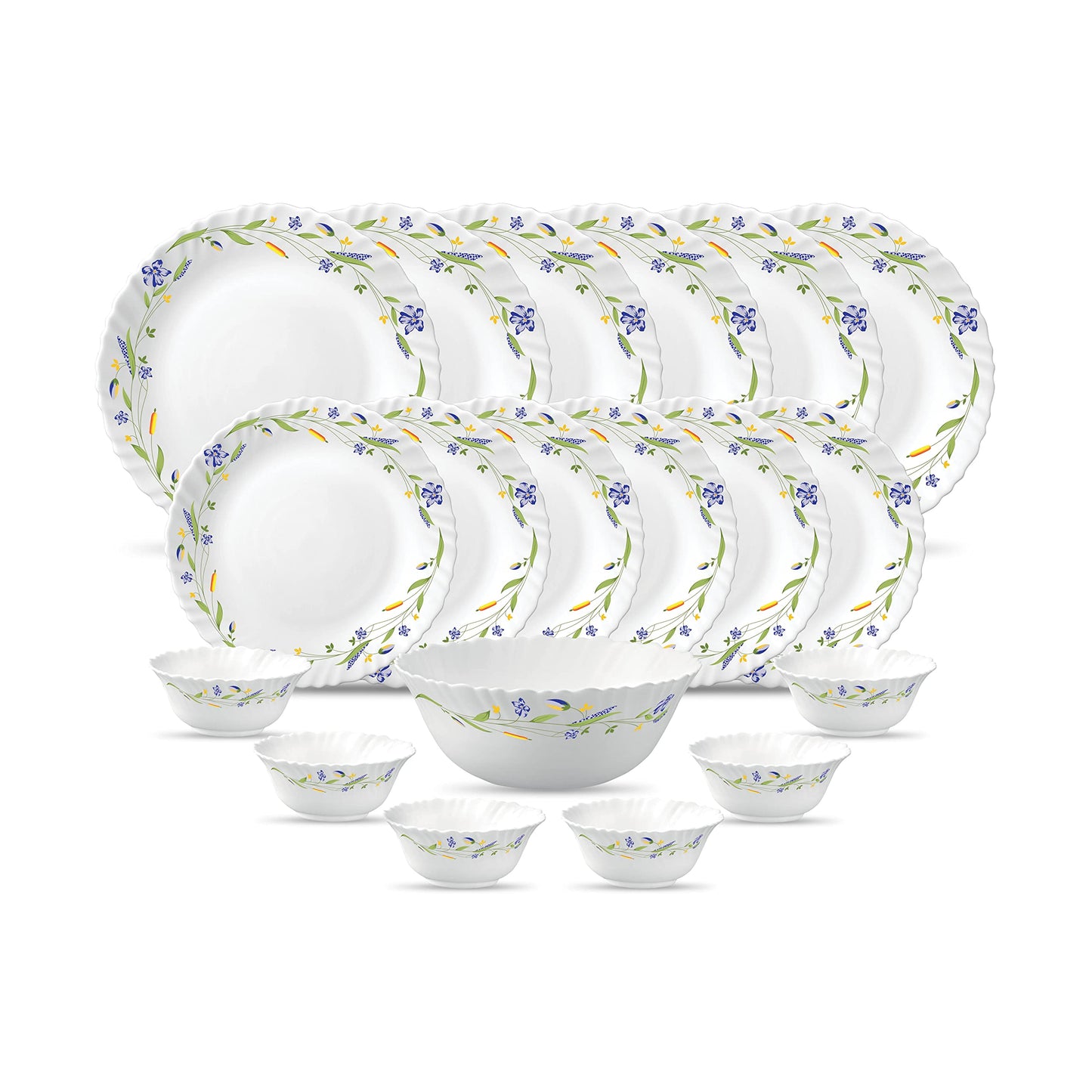 La Opala Diva Classique Collection Opal Glass Crockery | for Family of 6 | Dinner Set 19 pcs Aster Blue | Plates & Bowls for Dining | Microwave Safe | 100% Vegetarian | Extra Strong | White