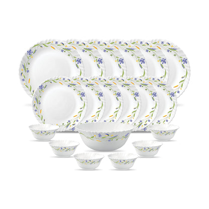 La Opala Diva Classique Collection Opal Glass Crockery | for Family of 6 | Dinner Set 19 pcs Aster Blue | Plates & Bowls for Dining | Microwave Safe | 100% Vegetarian | Extra Strong | White
