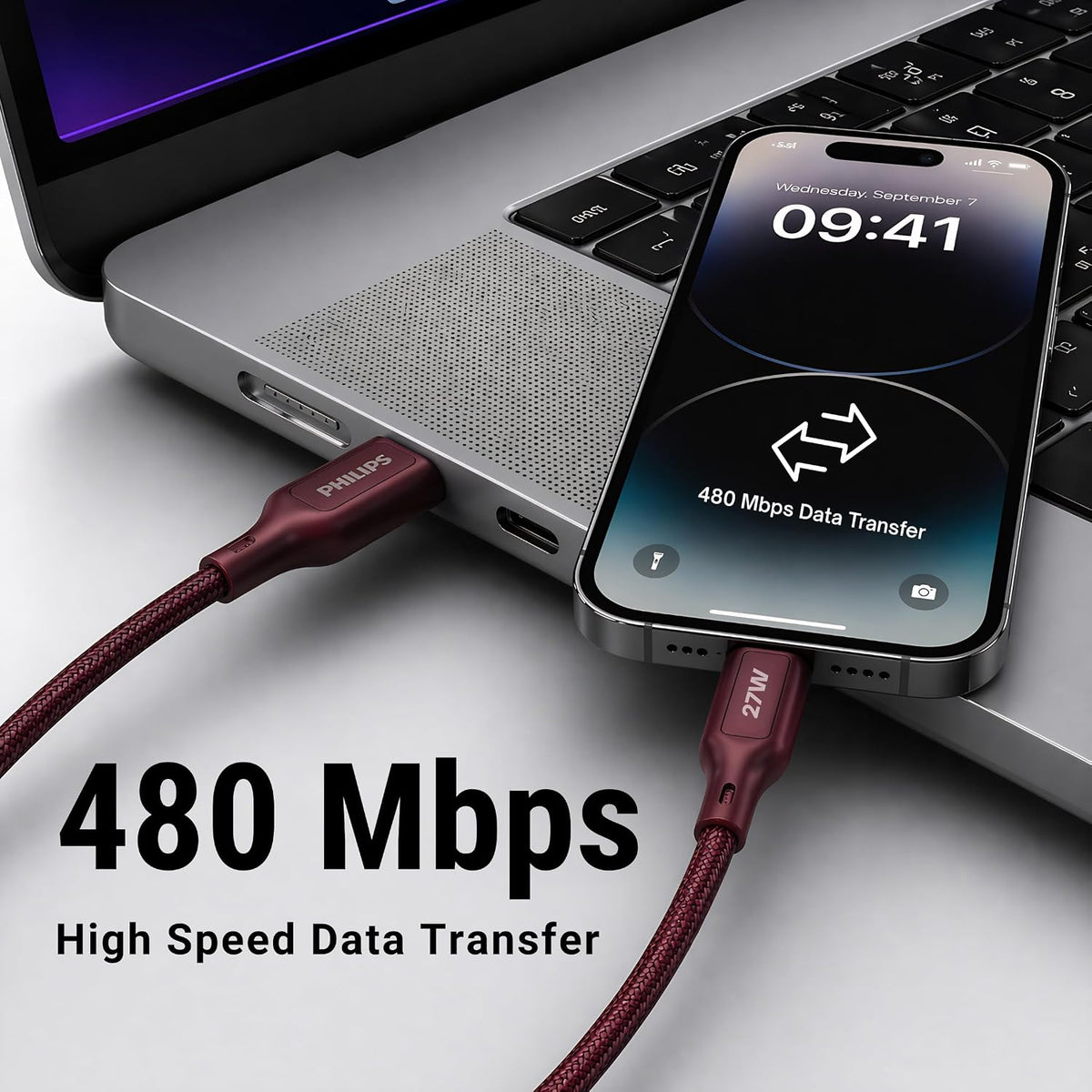 Philips DLC4150LI/94 27W iPhone Original Type-C to Lightning Fast Charging Cable (1.5m, Iron Red)