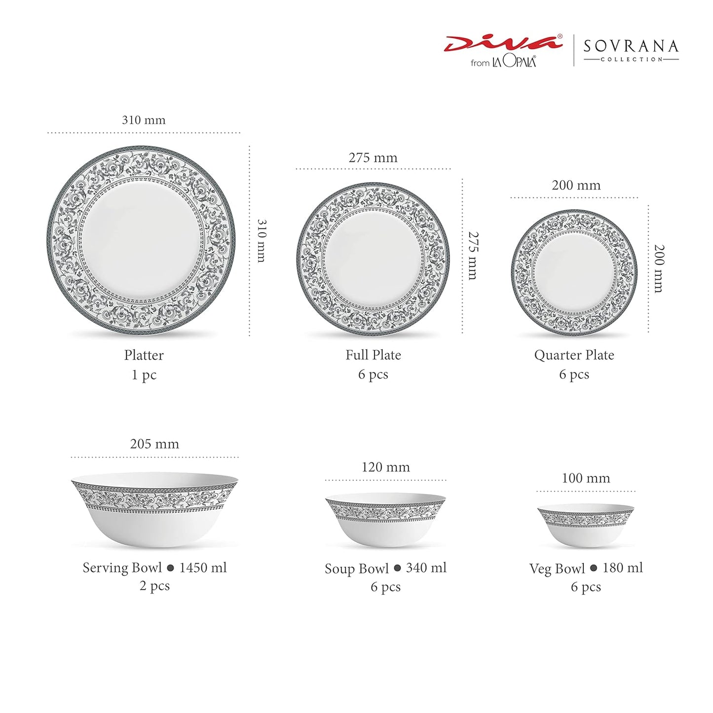 La Opala Diva, Sovrana Collection, Opal Glass Dinner Set 27 pcs, Persian Grey, White