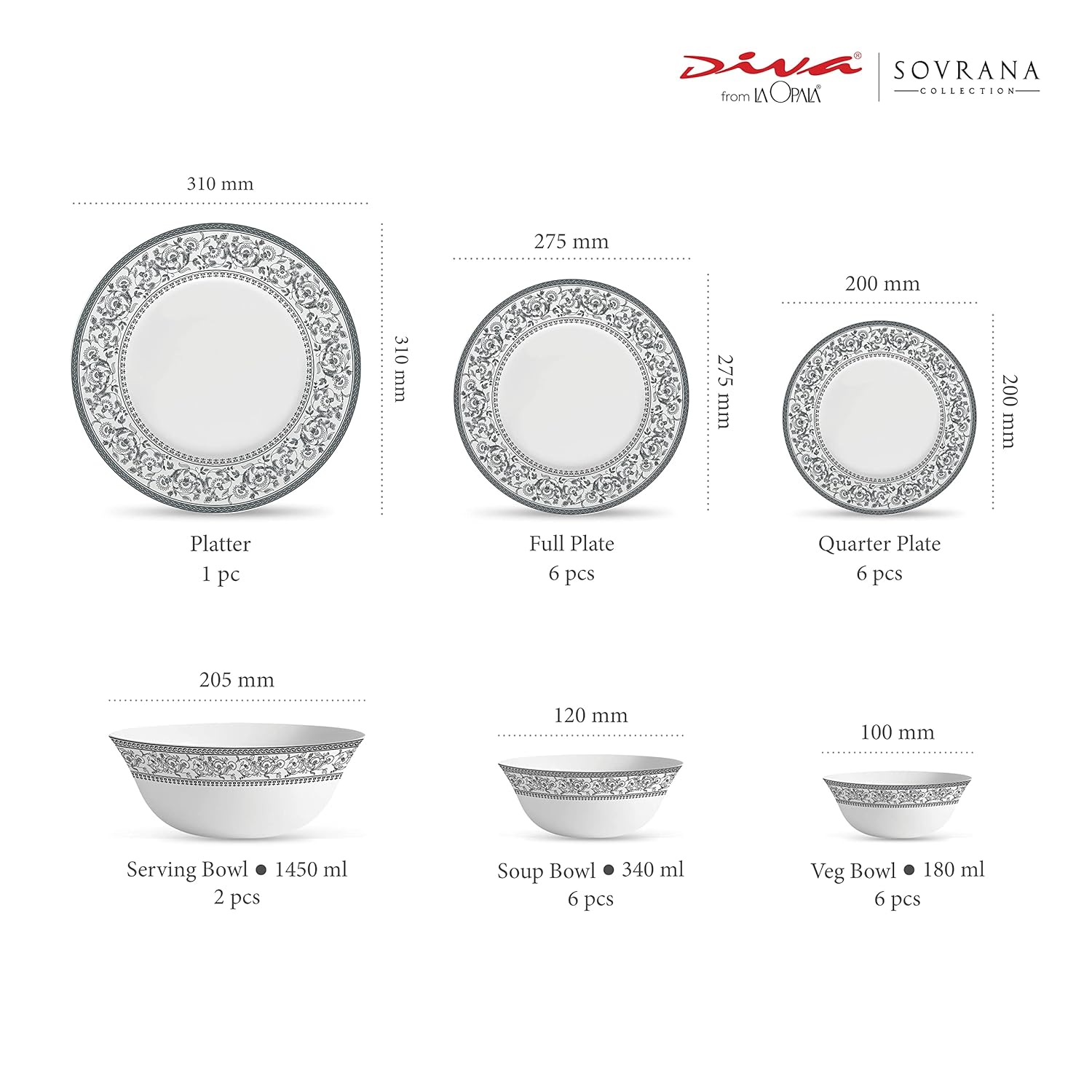 La Opala Diva, Sovrana Collection, Opal Glass Dinner Set 27 pcs, Persian Grey, White
