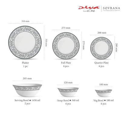 La Opala Diva, Sovrana Collection, Opal Glass Dinner Set 27 pcs, Persian Grey, White