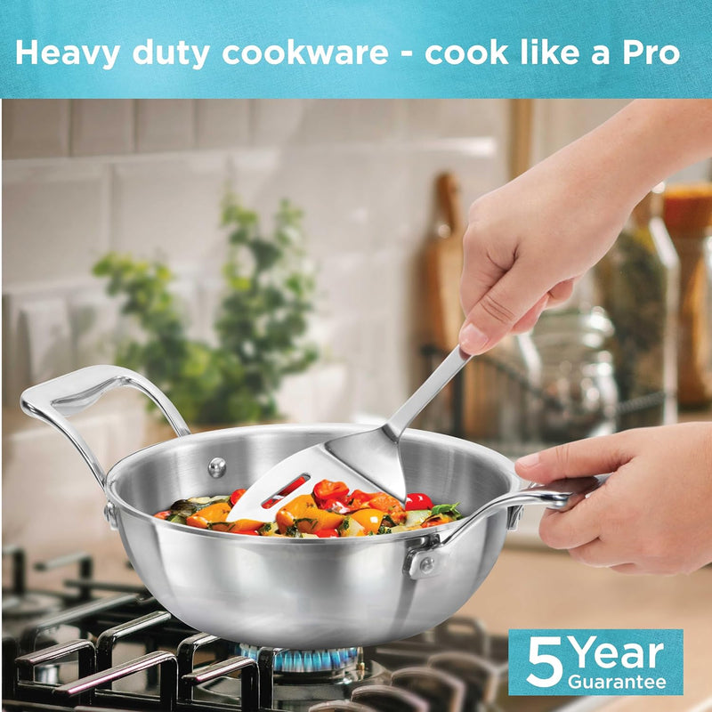 Hawkins Pro 1.5 Litre Deep-Fry Pan, Triply Stainless Steel Kadhai with Steel Handles and Steel Lid, Small Kadhai, Silver (PSK15S)