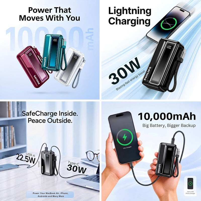 Philips 10000mAh 30W Max Fast Charging Power Bank (Dark Slate) with Built-in Cable