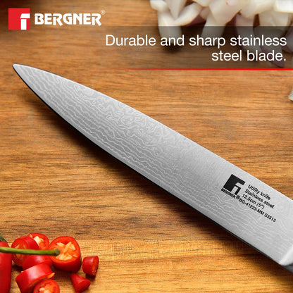 BERGNER Argent Stainless Steel 12.5cm (5") Utility Knife with Stainless Steel Hollow Handle, Damascus Design, Knife for Kitchen Ideal for Cutting, Chopping, Slicing etc, Easy to Clean