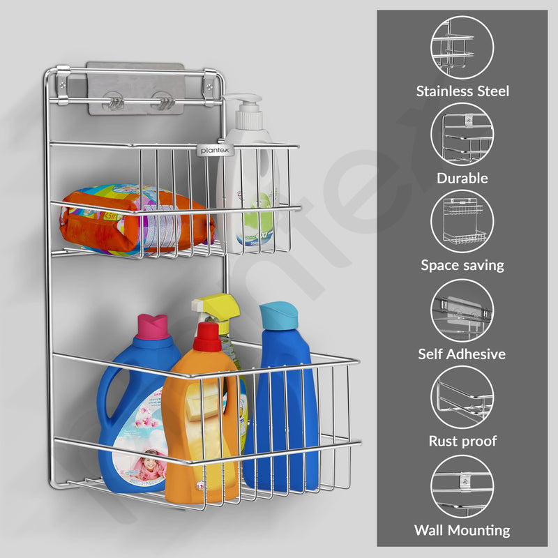 Plantex Self Adhesive Shelf/Stainless Steel Bathroom Detergent Holder/Bathroom Organiser Without Drill/Under The Sink Detergent Holder/Multipurpose Shelf (Large,Chrome)-4