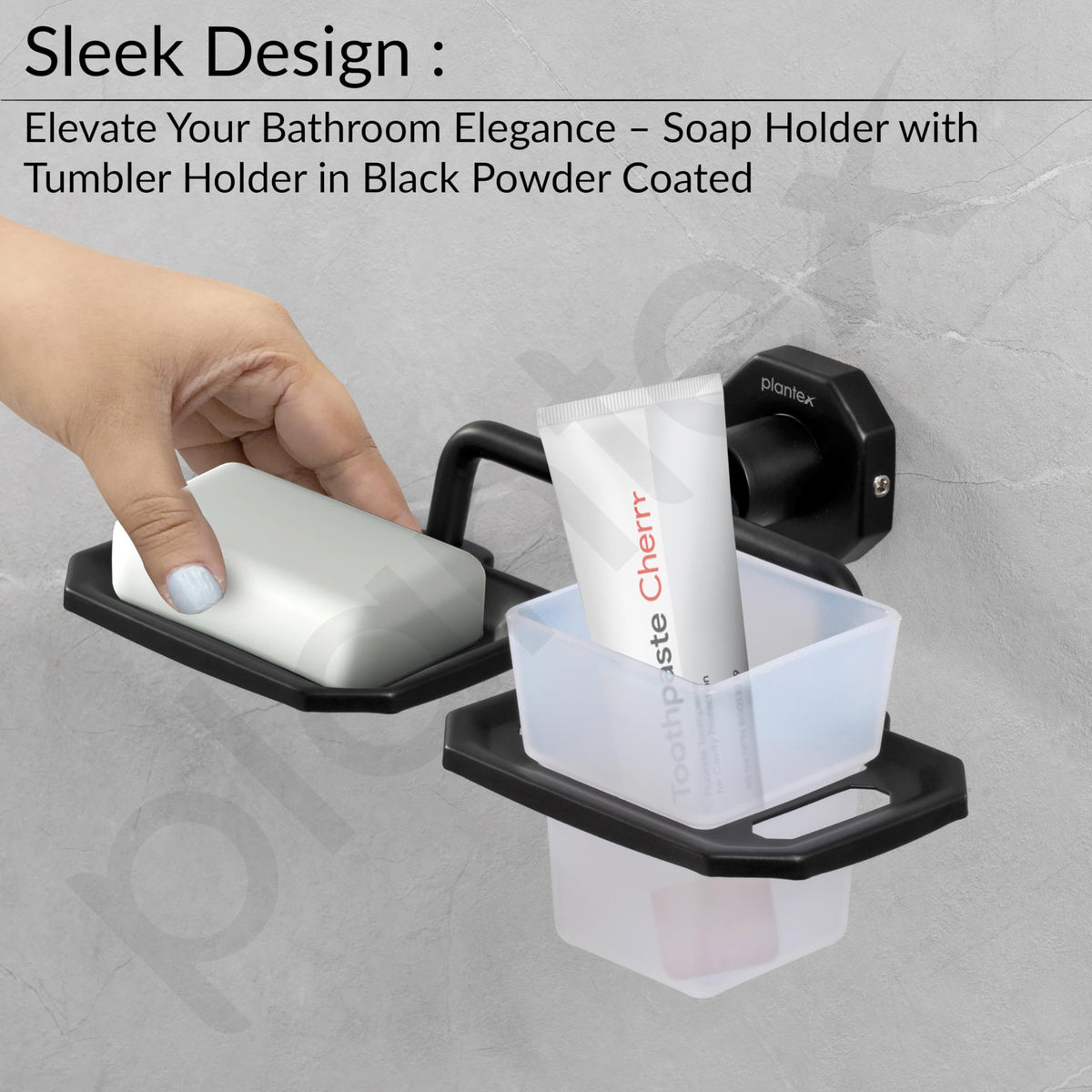 Plantex 304 Grade Stainless Steel 2in1 Soap Dish with Tumbler Holder/Soap Stand/ABS Materail Tooth Brush Holder/Bathroom Accessories - Nipron (Black)-4