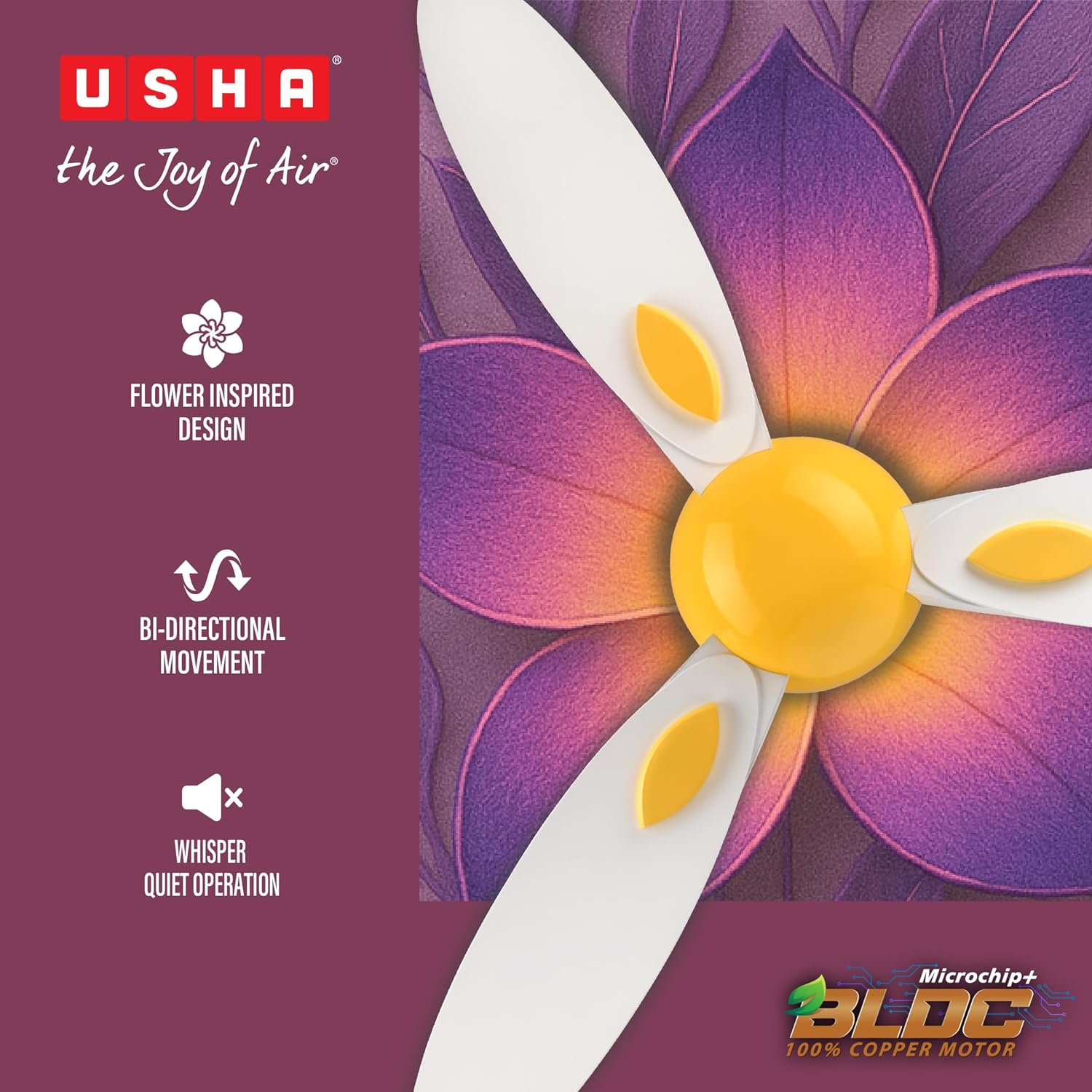 USHA New Bloom Series Plumeria (Inspired by Plumeria) BLDC Ceiling Fan with Bi-Directional Feature | Sleep/Boost/Timer Modes | RF Remote | Whisper-Quiet | Dust-Resistant (white & Saffron Yellow)