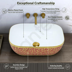 Plantex Ceramic Washbasin for Bathroom/Designer Countertop Basin/Rectangle Tabletop Wash Basin for Home/Office/Hotel (18x13x5 Inch - White & Gold)-4