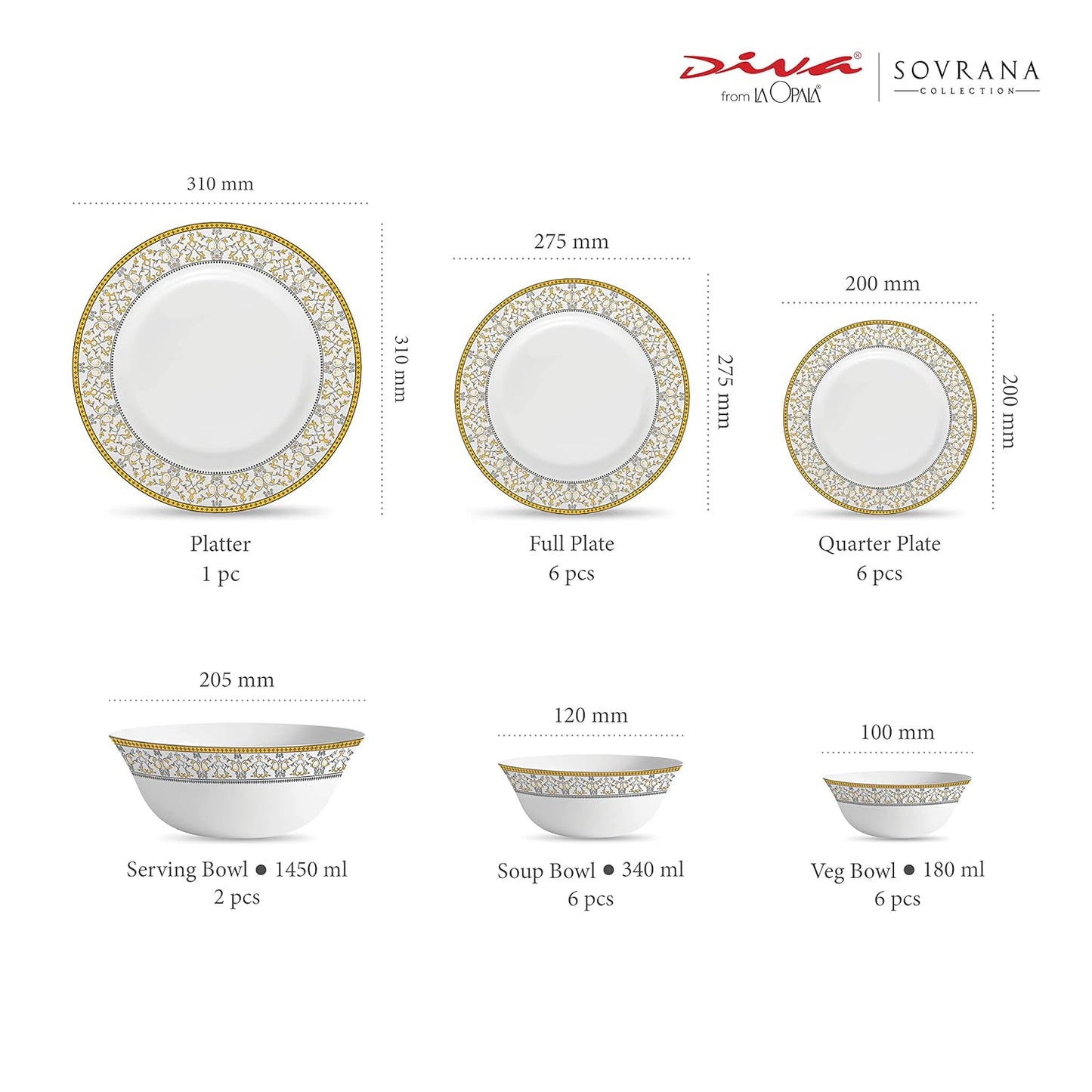 La Opala Diva, Sovrana Collection, Opal Glass Dinner Set 27 pcs, Moroccan Gold, White